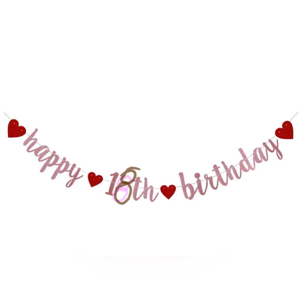 18th Birthday Banner with Glitter Letters and Hearts. Happy 18th Birthday Banner